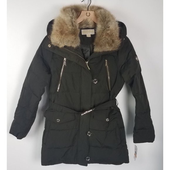 Michael Michael Kors Sz. S Belted Faux Fur Down Hooded Puffer Coat Dark Moss NWT - Picture 2 of 12